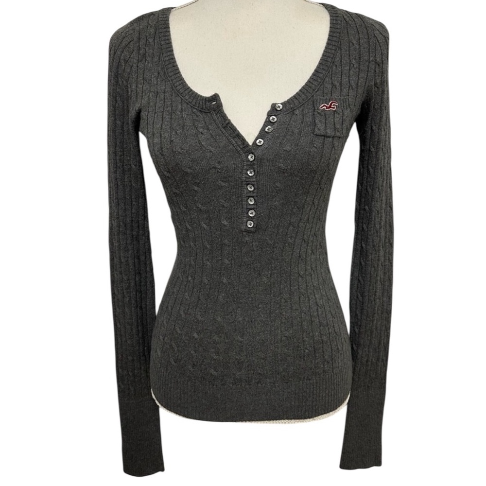 Y2K Hollister Grey Henley Cable Knit Sweater Size XS Bella Swan Twilight Core